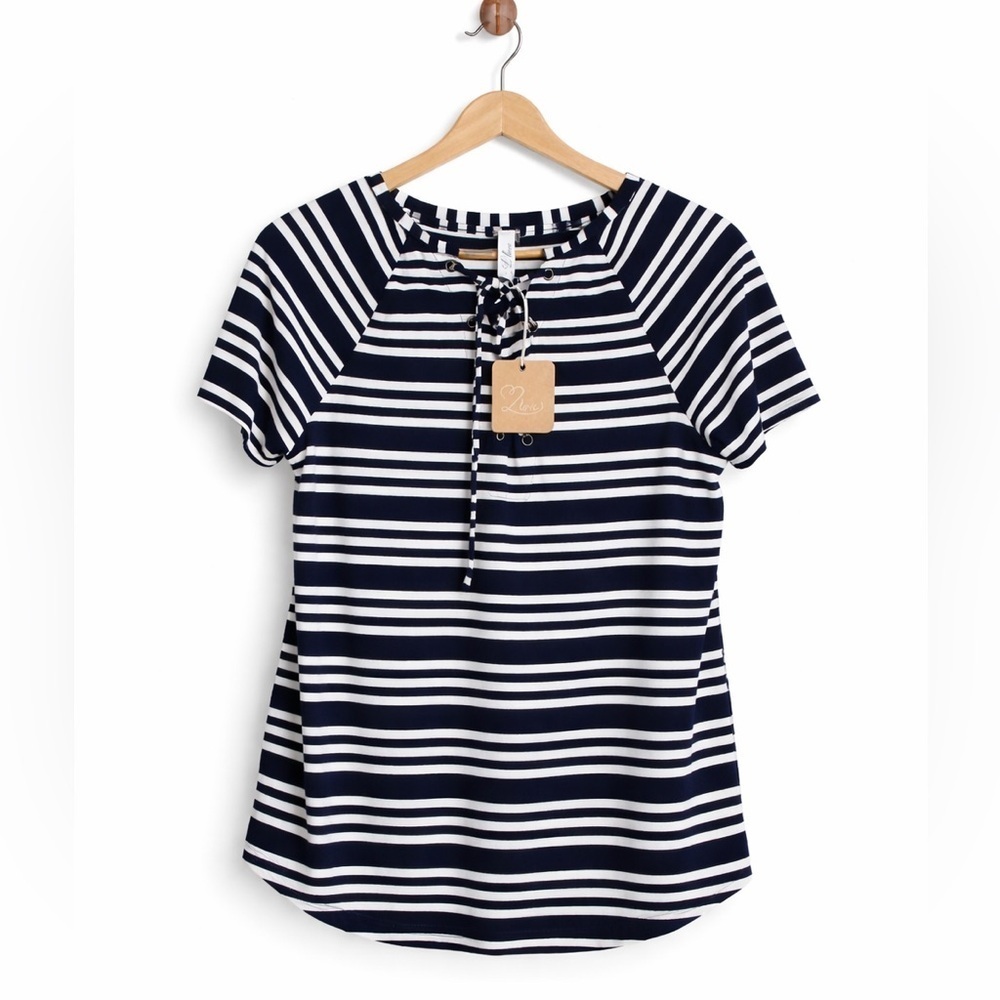 LOVE | NWT Striped Shirt Grommet lace up Blue White Crewneck Short sleeve Top Sm